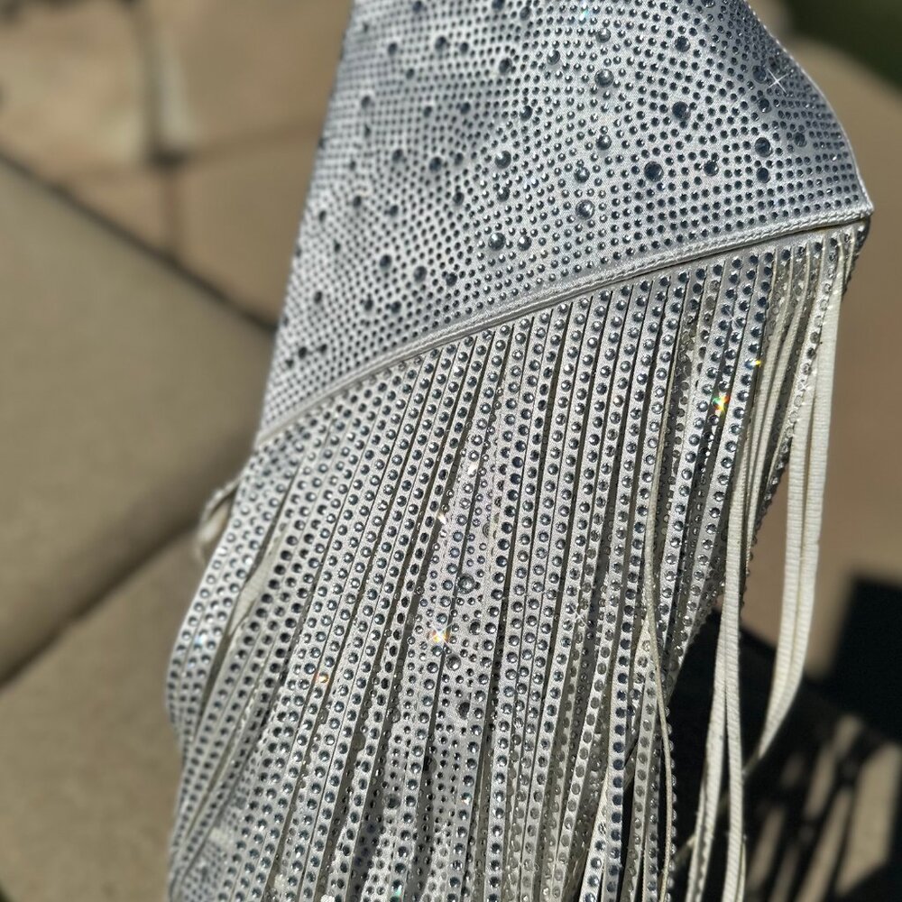 White Rhinestone Fringe Knee-High Heeled Boots - Picture 7 of 7